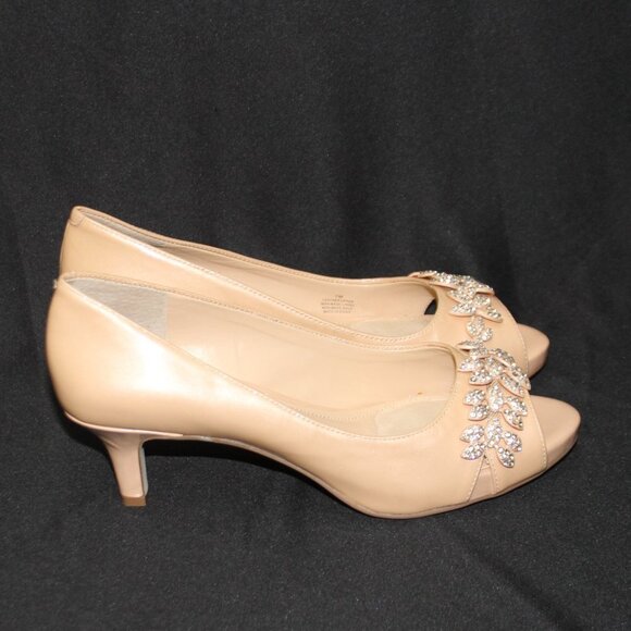 Alex Marie Patent Nude Beige Rhinestone Embellished Peep Toe Heels - Picture 2 of 15